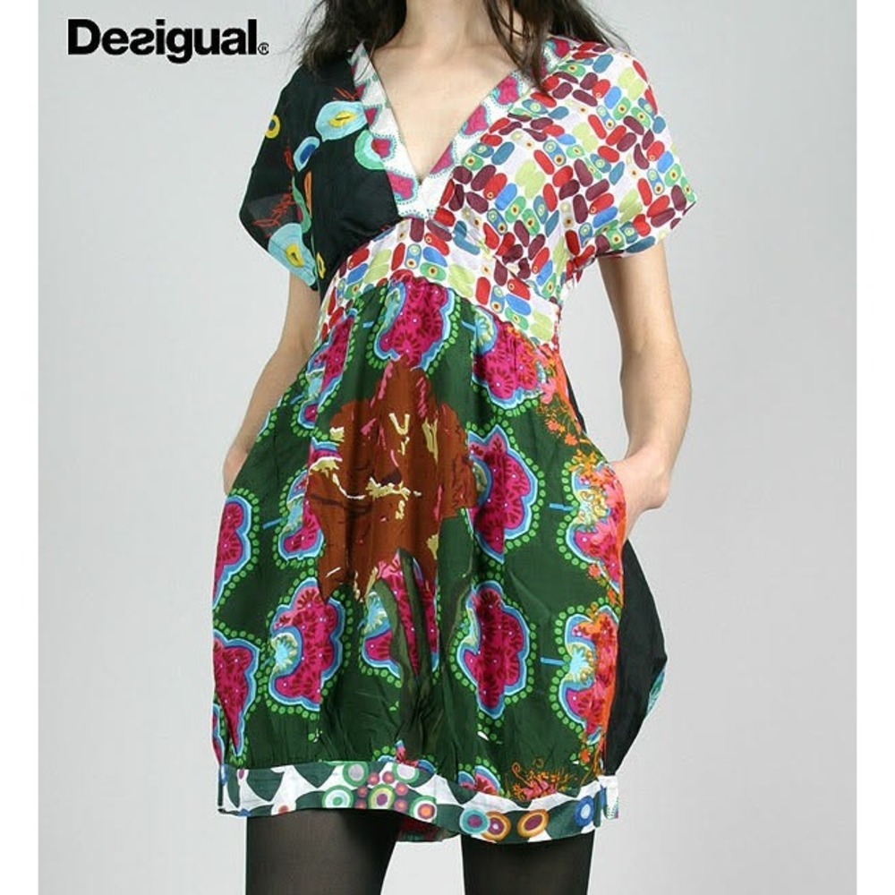 Desigual Patchwork Mini Dress Multi Color Abstract Print Boho V-Neck Size 42